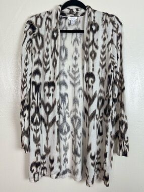 Chico's Cream & Brown Open-Front Patterned Cardigan